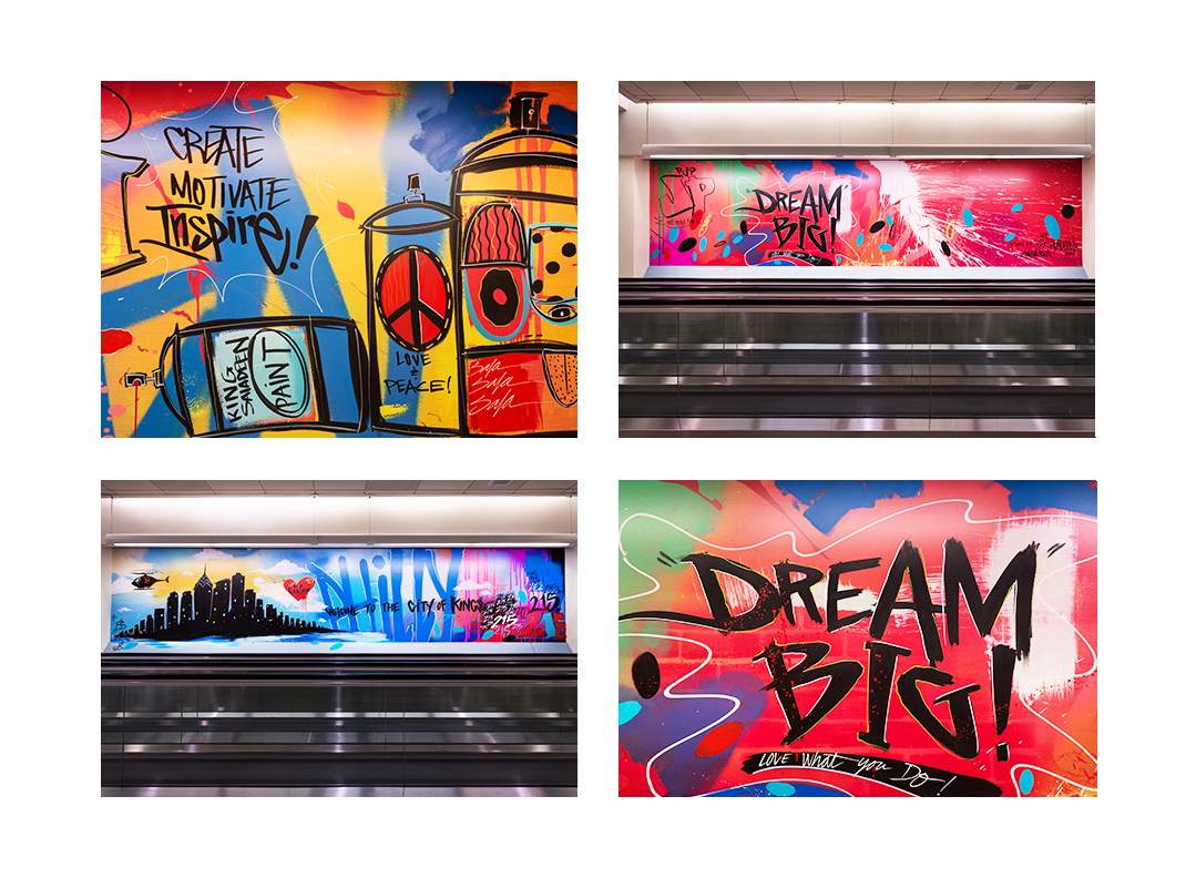 King Saladeen paints his mural in the Philadelphia airport terminal