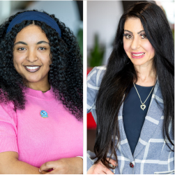 Beimnet (left) curly hair, blue headband, pink shirt. Asimena (right) long straight hair, blue shirt, blazer