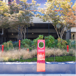 Trees and bushes in background with a red sign with white writing is in the foreground